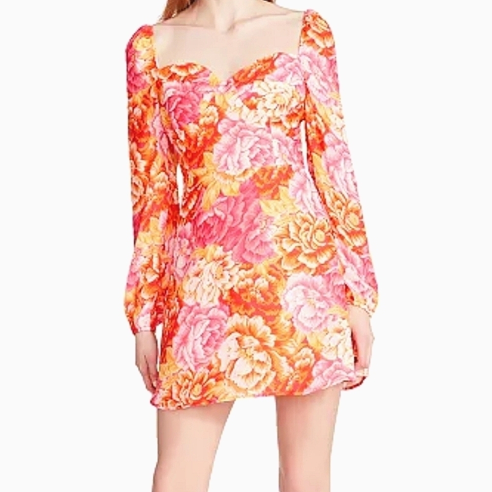 STEVE MADDEN Nicole Printed Sweetheart-Neck Mini Dress. Pink/orange. 4 NWT